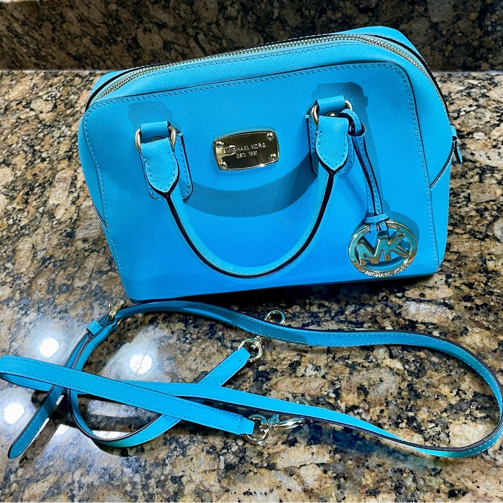 Michael Kors Satchel Bag Purse Removable Crossbody Rare Aqua Color Preloved - Picture 10 of 13